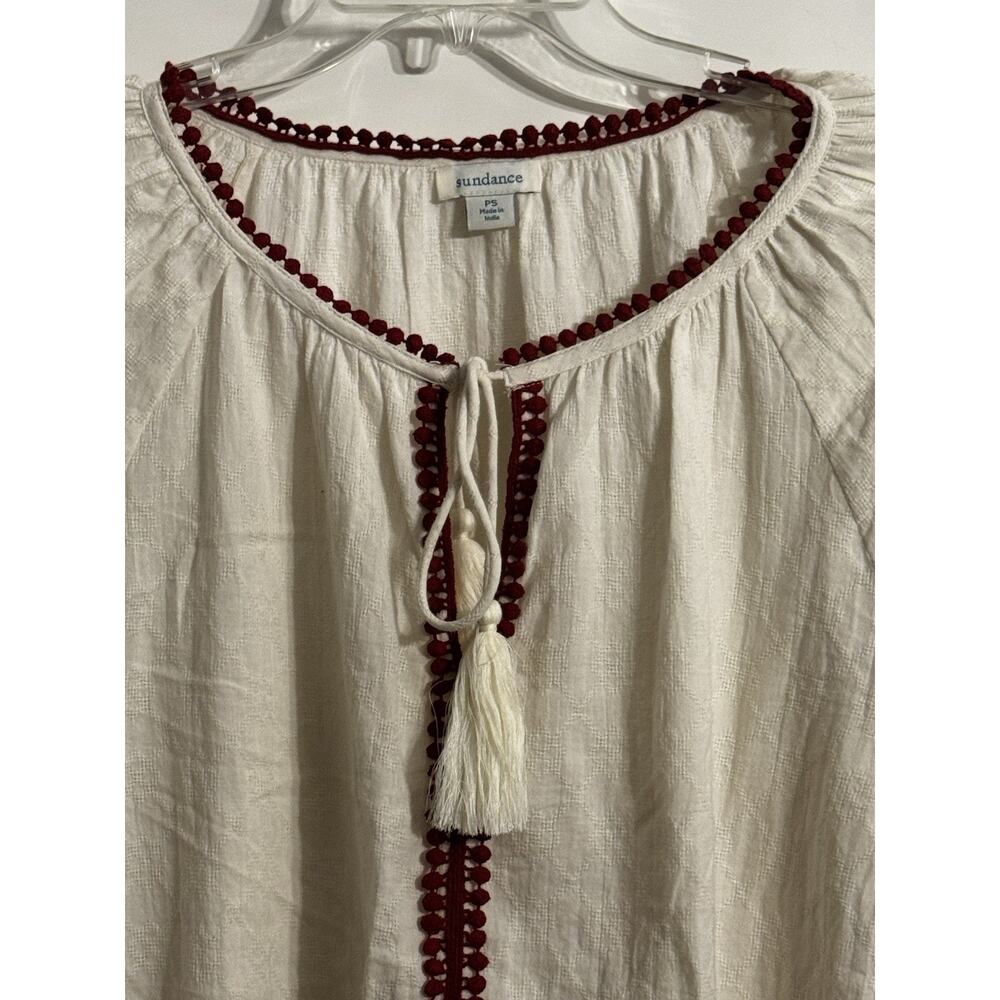 Sundance Sz PS Ivory Linen Embroidered Peasant Blouse Tassels Boho Cream - Picture 2 of 11